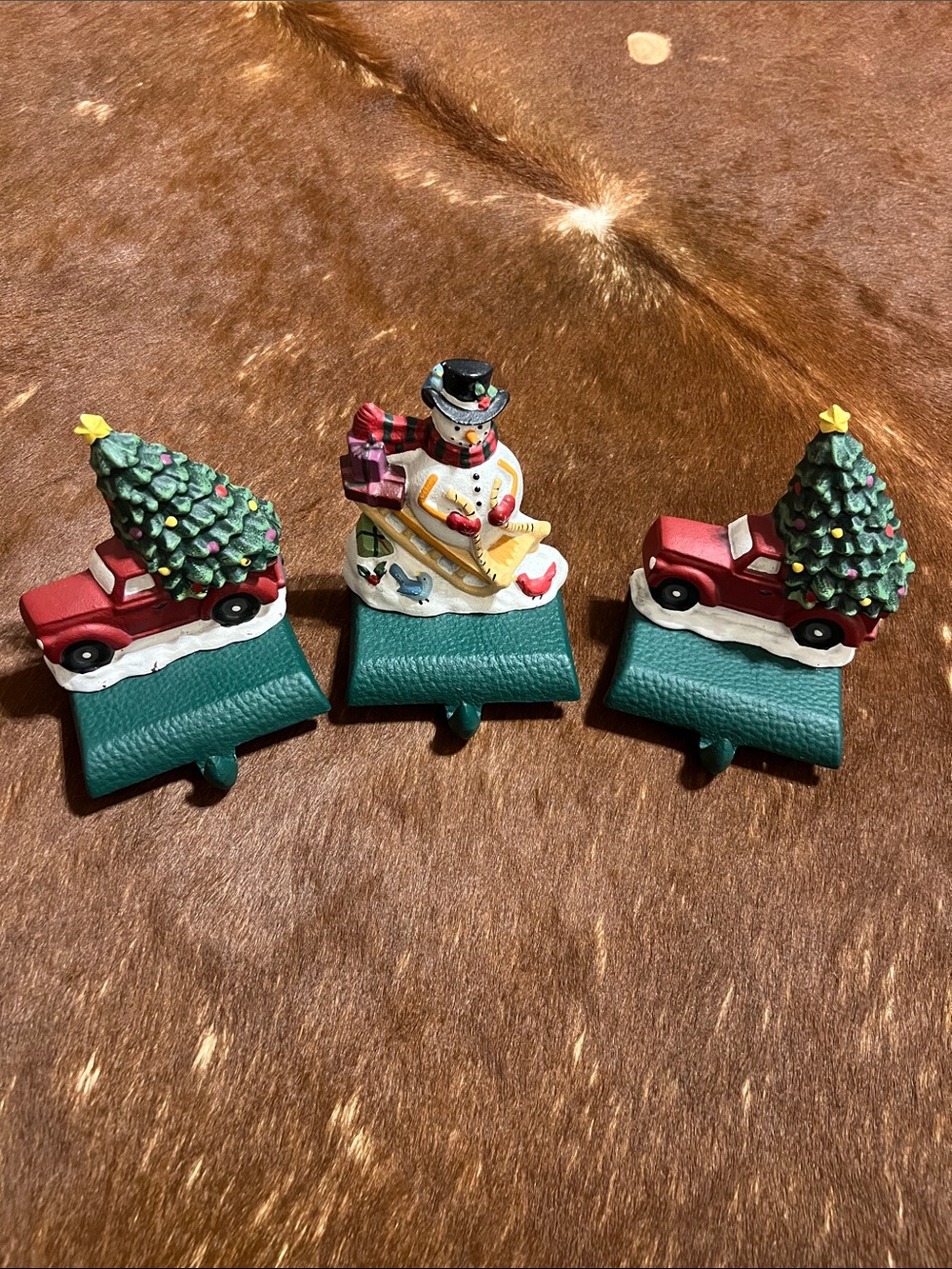 Cast Iron 1 Snowman and 2 Red Pick Up Truck Christmas Tree Stocking Hangers